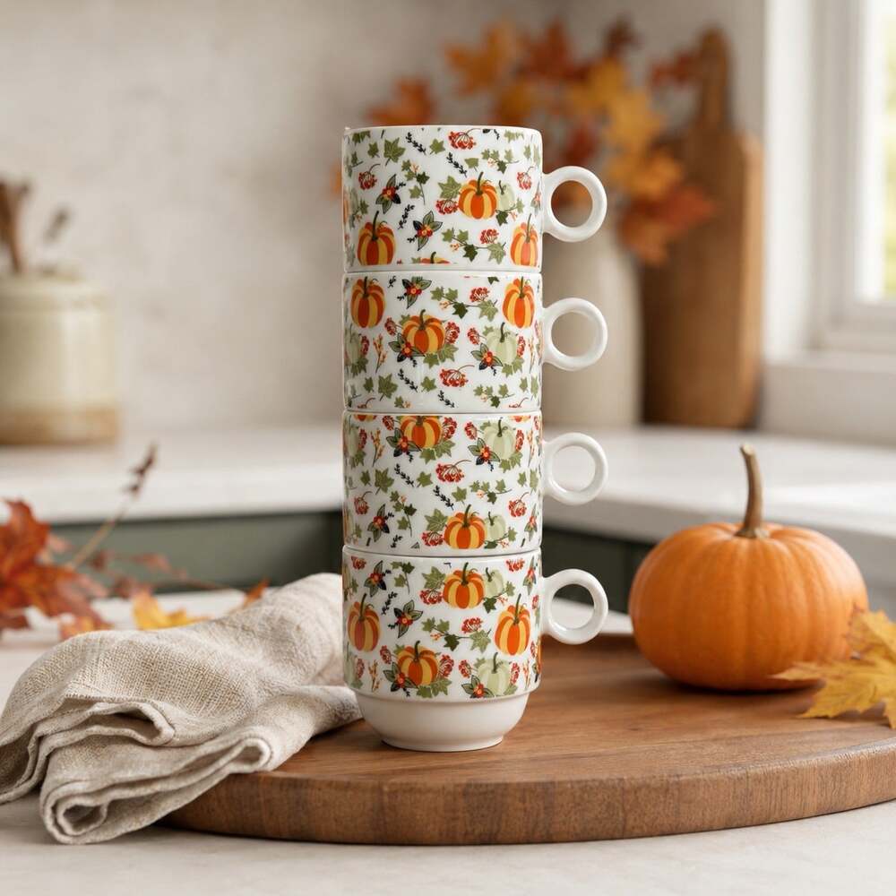 Grace Teaware Harvest Pumpkin Stackable Mugs Set of 4 Fall Thanksgiving
